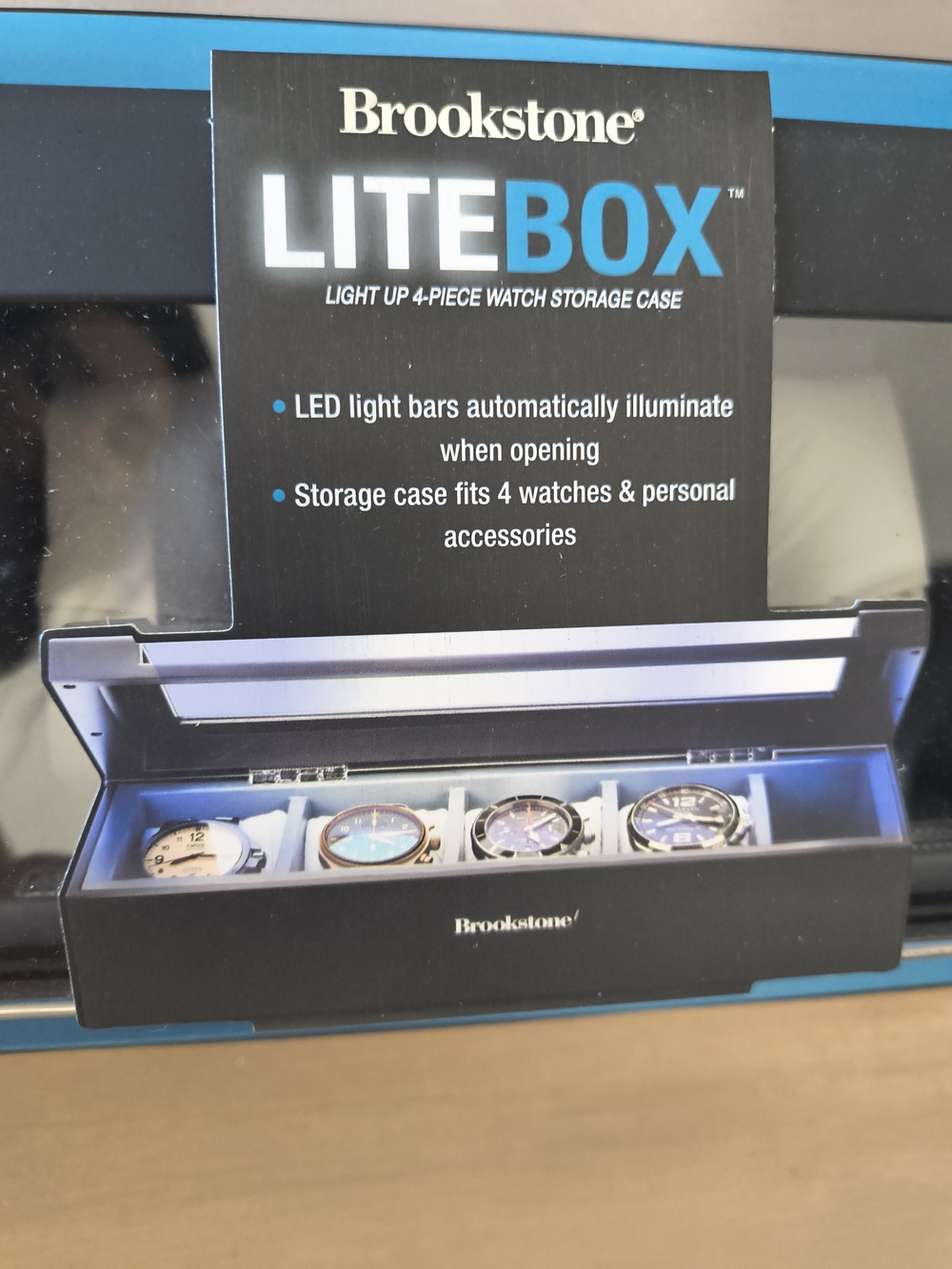 Brookstone LITEBOX Light-Up 4-Watch Storage Case in Black & Blue